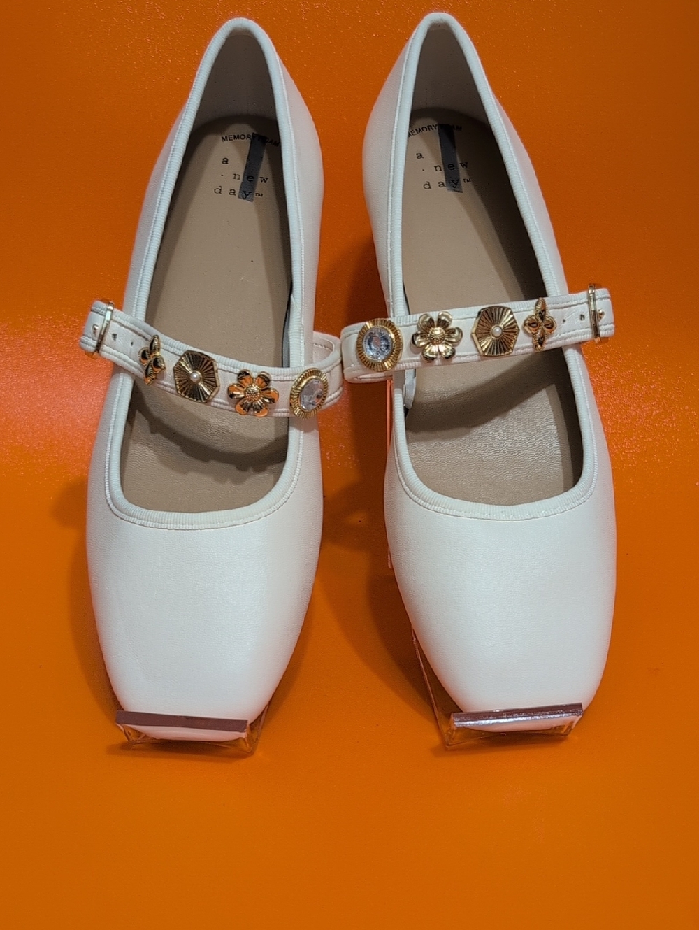 a new day White Mary Jane Flats with Gold Floral Embellishments